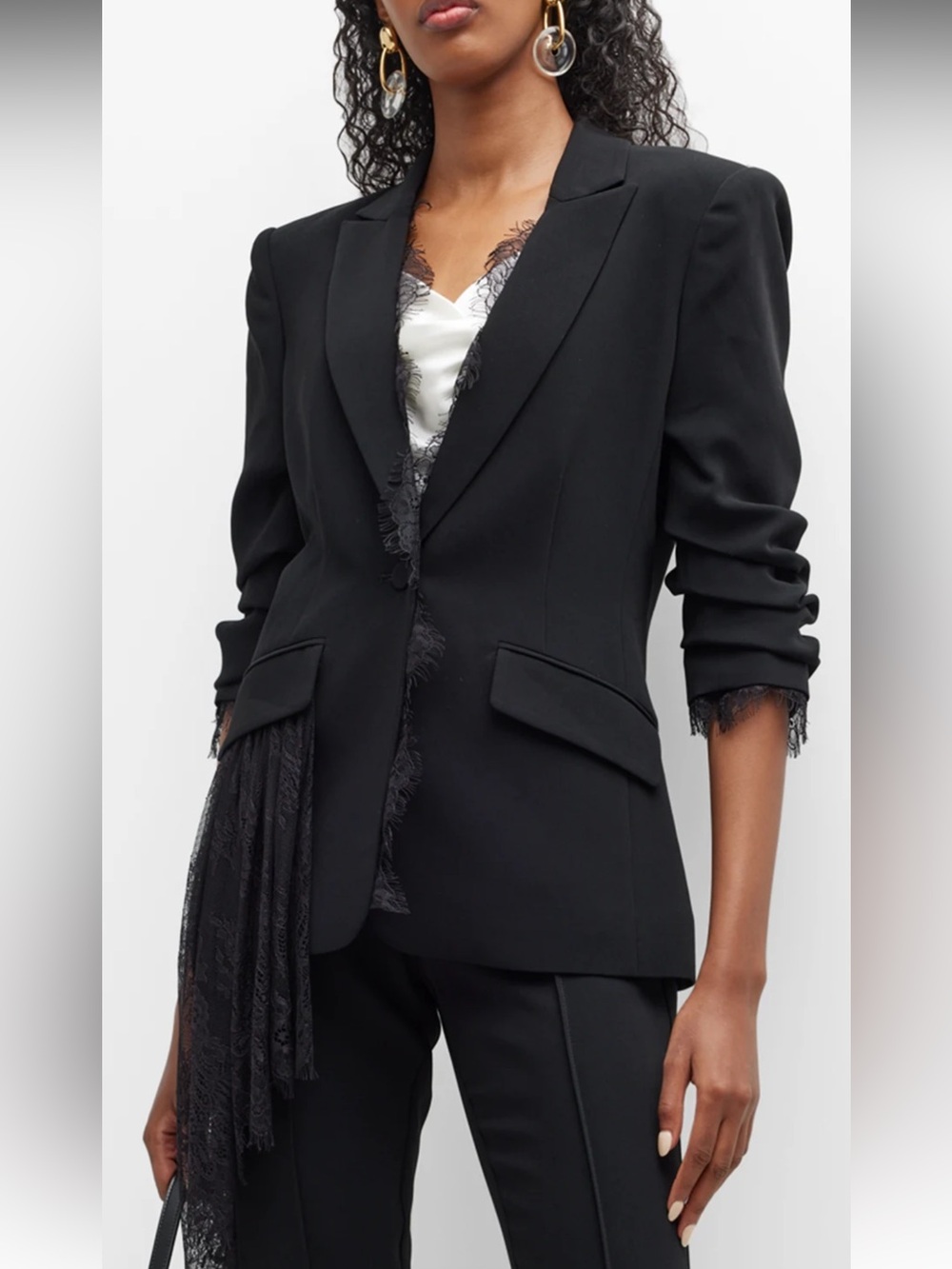 Cinq a Sept Black Asymmetric Lace-Trim Blazer - Picture 2 of 16